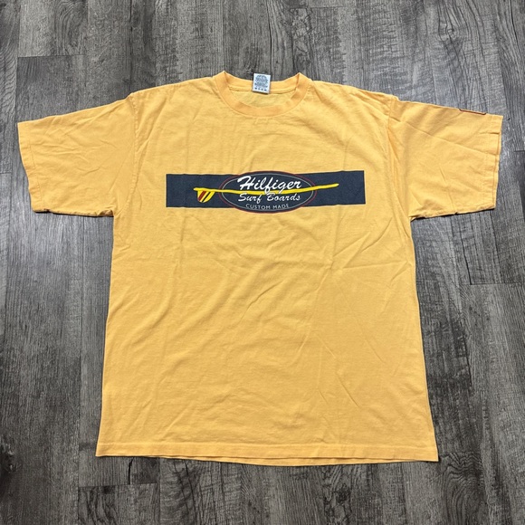 Vintage 90s Tommy Hilfiger T Shirt Surf Boards Surfwear Made In USA Yellow - Picture 1 of 7